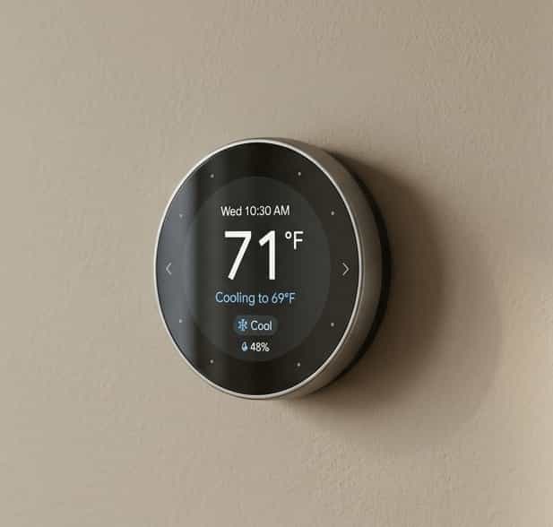 Warm home heating detail with thermostat and calm interior