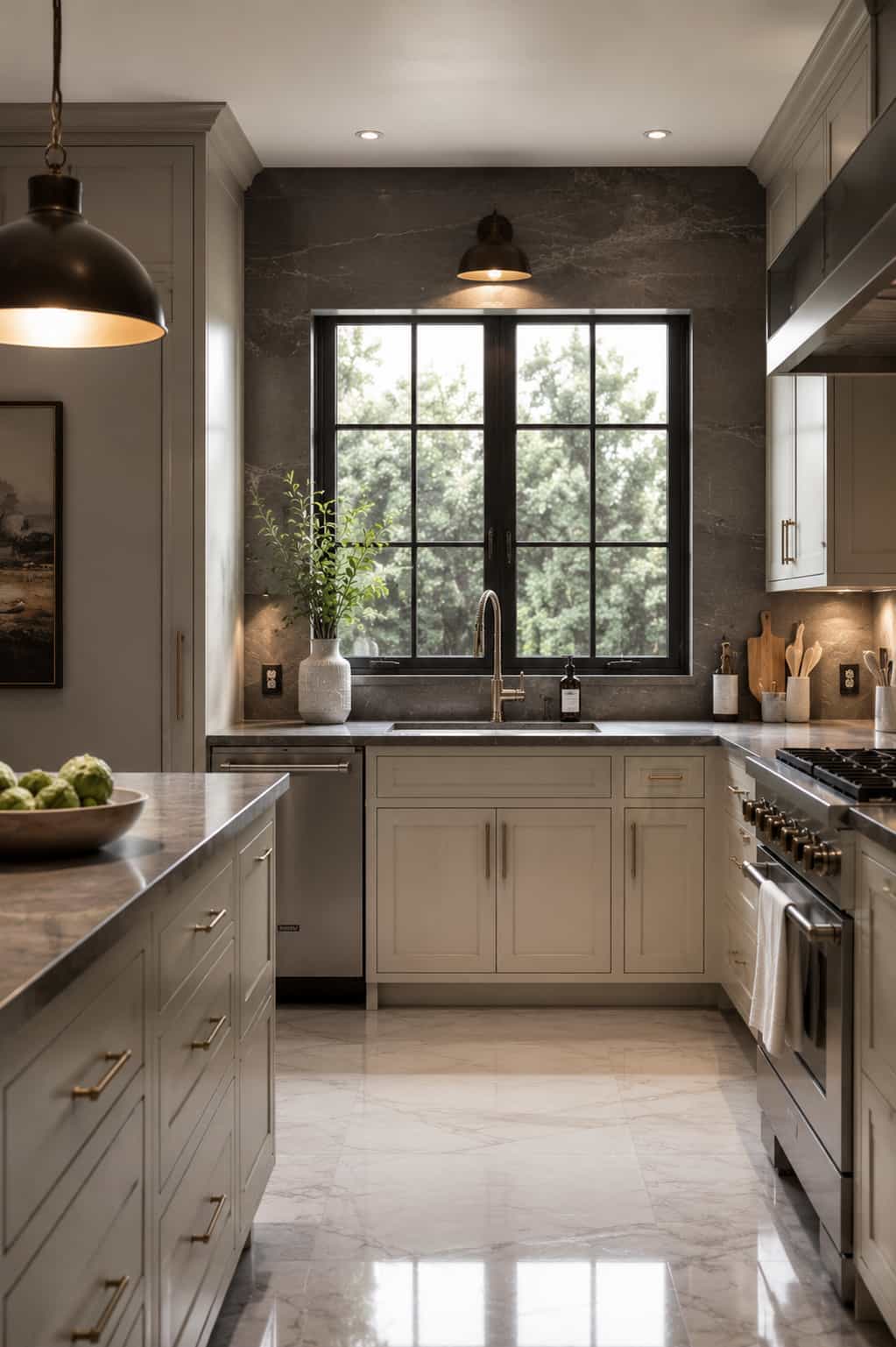 Sage kitchen cabinet and warm material detail