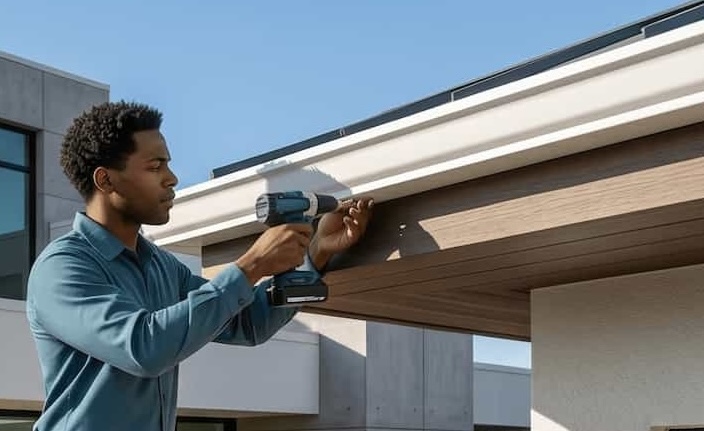 Rainwater flowing through a clean gutter system