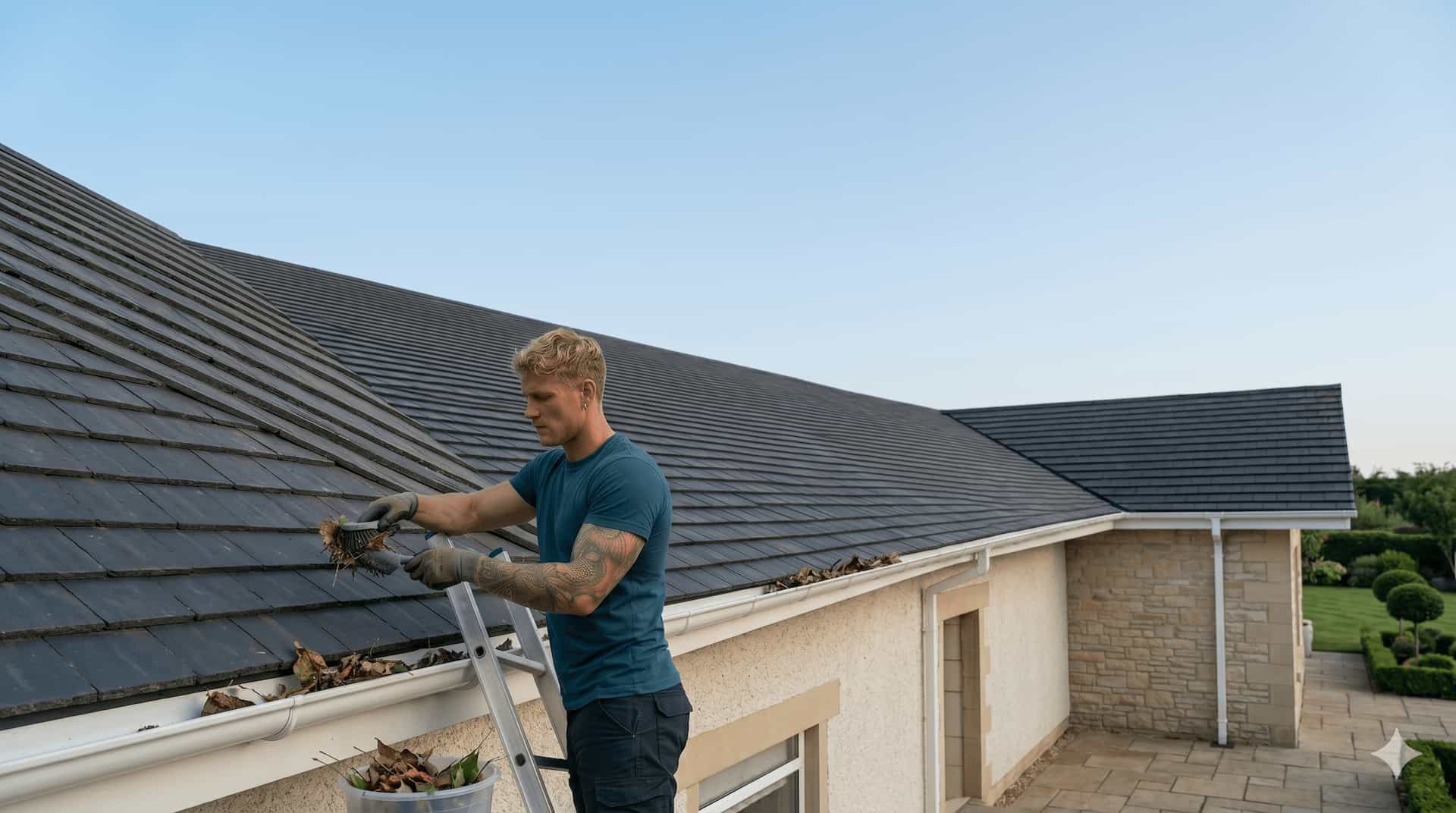 Gutter cleaning request with leaves and debris near a residential roofline