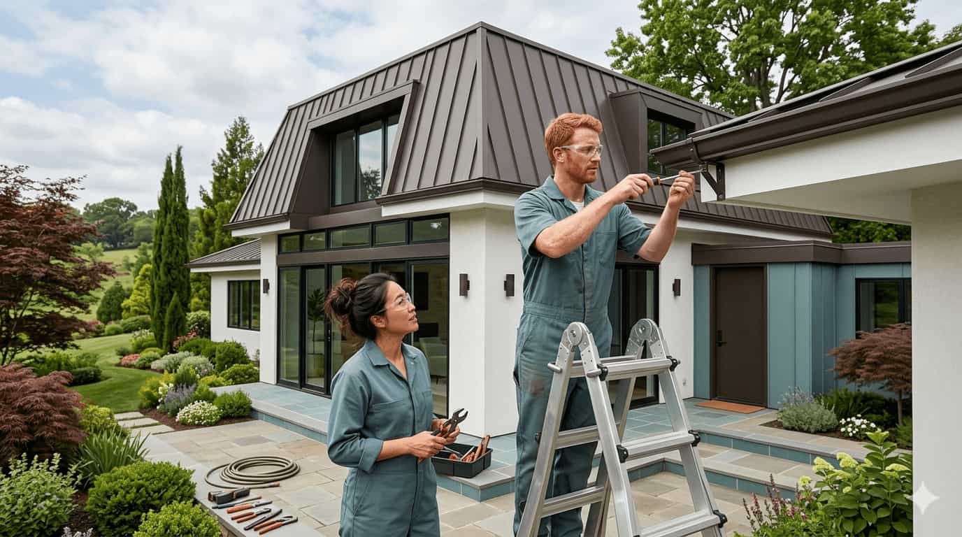 New gutter installation on a modern home exterior