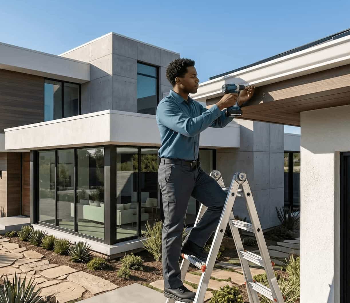 Gutter replacement project on a residential roofline